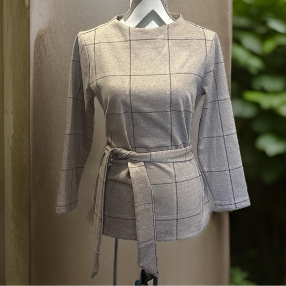 Ann Taylor Factory Gray Plaid Belted Sweater